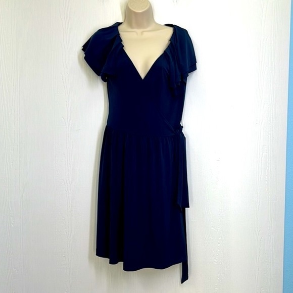BCBGeneration - Navy Blue Stretch Wrap With Pleat Flutter Shoulders Dress Size M - Picture 2 of 13